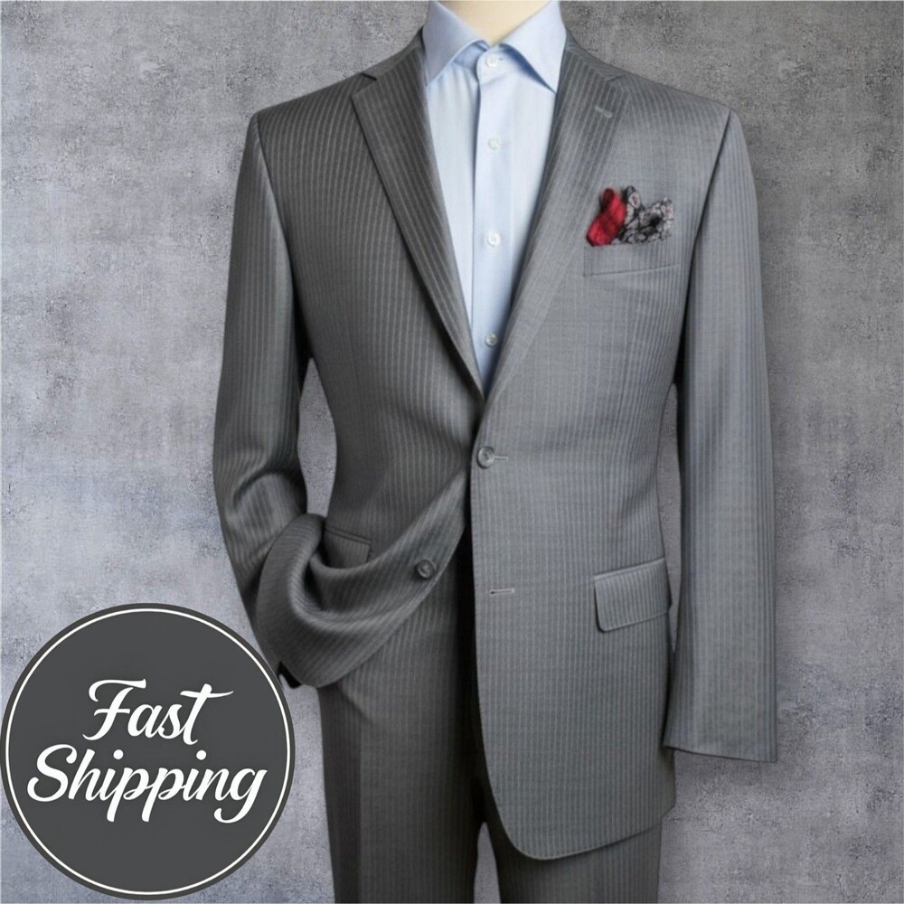 JOS A BANK Gold Men’s 2-Piece Suit 44L Blazer 38x30 Pants Gray Wool 2-Btn Jacket